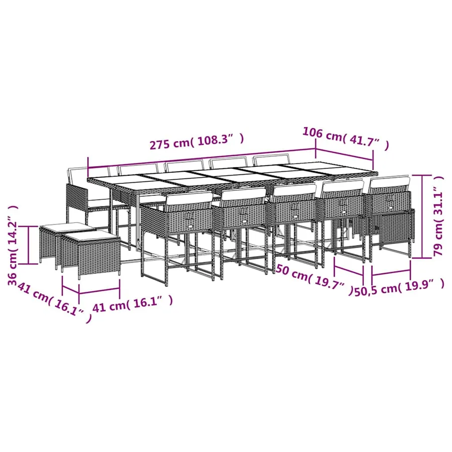 Ensemble à manger de jardin et coussins 15 pcs gris clair rotin - 11