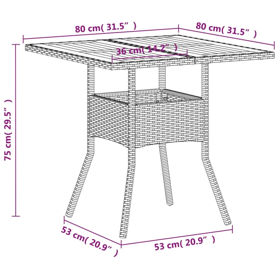 Table de jardin beige 80x80x75 cm résine tressée et bois acacia - 11