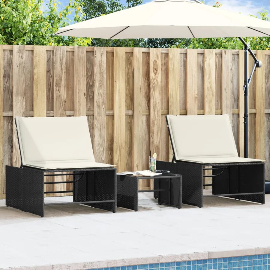 Chaises longues modulaires 2 pièces avec table en résine tressée noire