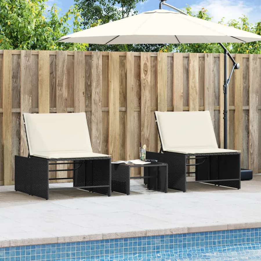 Chaises longues modulaires 2 pièces avec table en résine tressée noire - 4