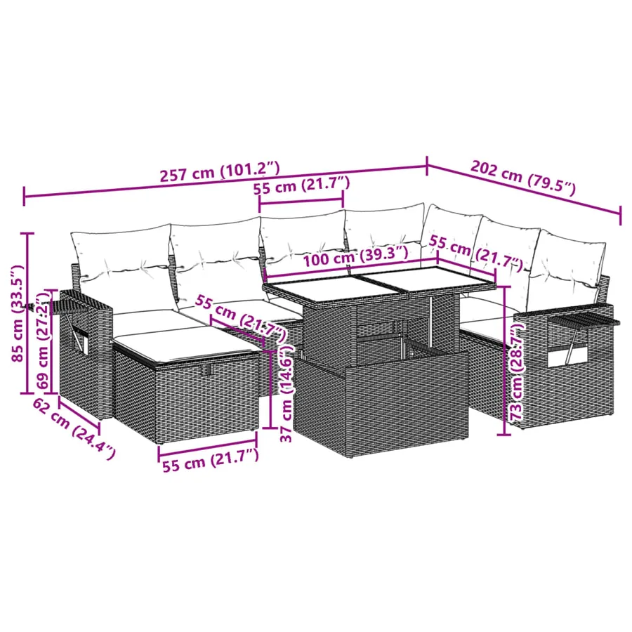 Salon de jardin 8 pcs avec coussins noir résine tressée - 13