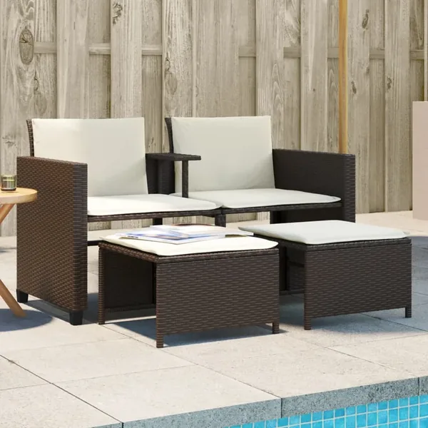 Canapé de jardin 2 places avec table et tabourets marron rotin