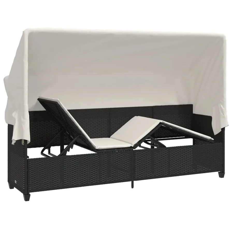 Chaise longue avec auvent et coussins noir résine tressée - 5
