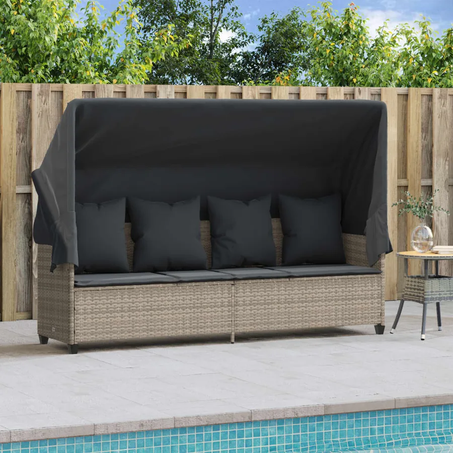 Chaise longue avec auvent et coussins gris clair résine tressée - 3