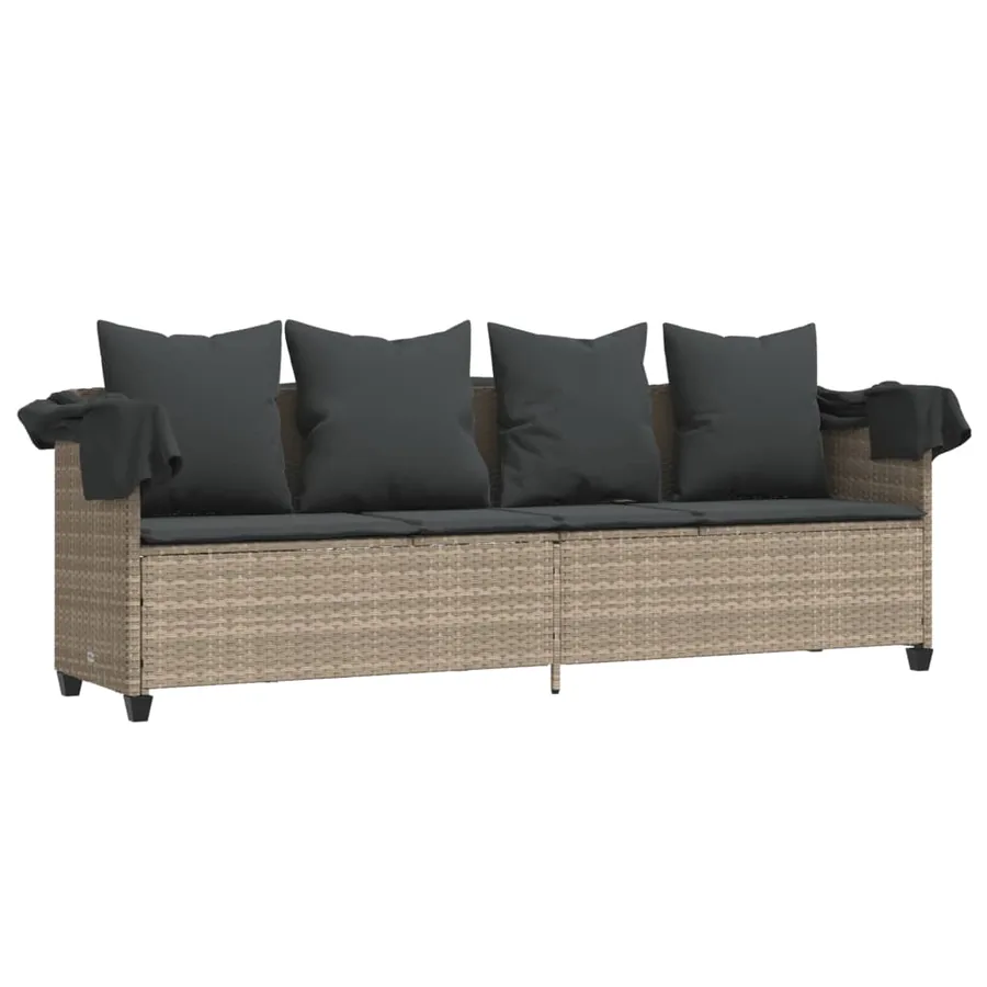 Chaise longue avec auvent et coussins gris clair résine tressée - 4