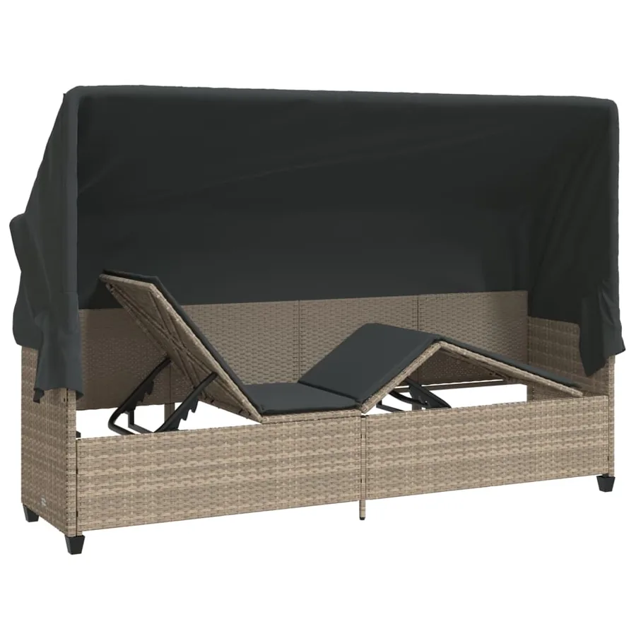 Chaise longue avec auvent et coussins gris clair résine tressée - 5