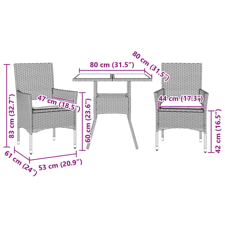 Ensemble à manger de jardin et coussins 3 pcs beige rotin verre - 7