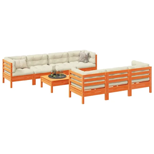 Salon de jardin 8 pcs avec coussins marron cire bois pin massif