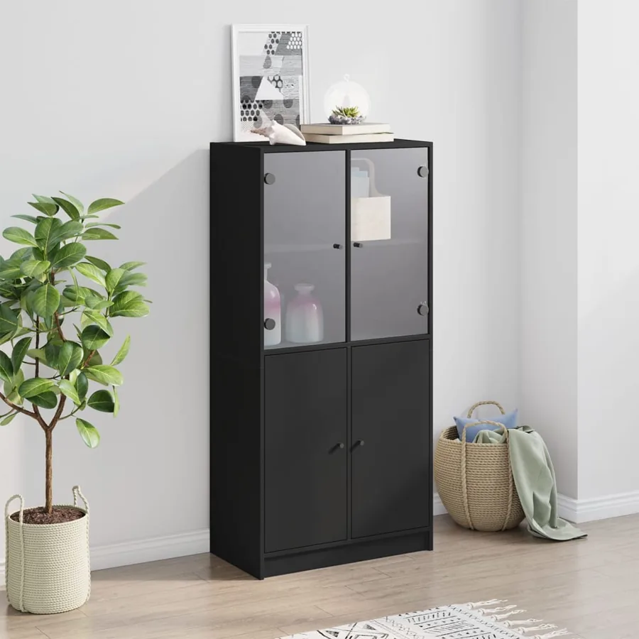 Buffet haut avec portes noir 68x37x142 cm bois d'ingénierie - 3