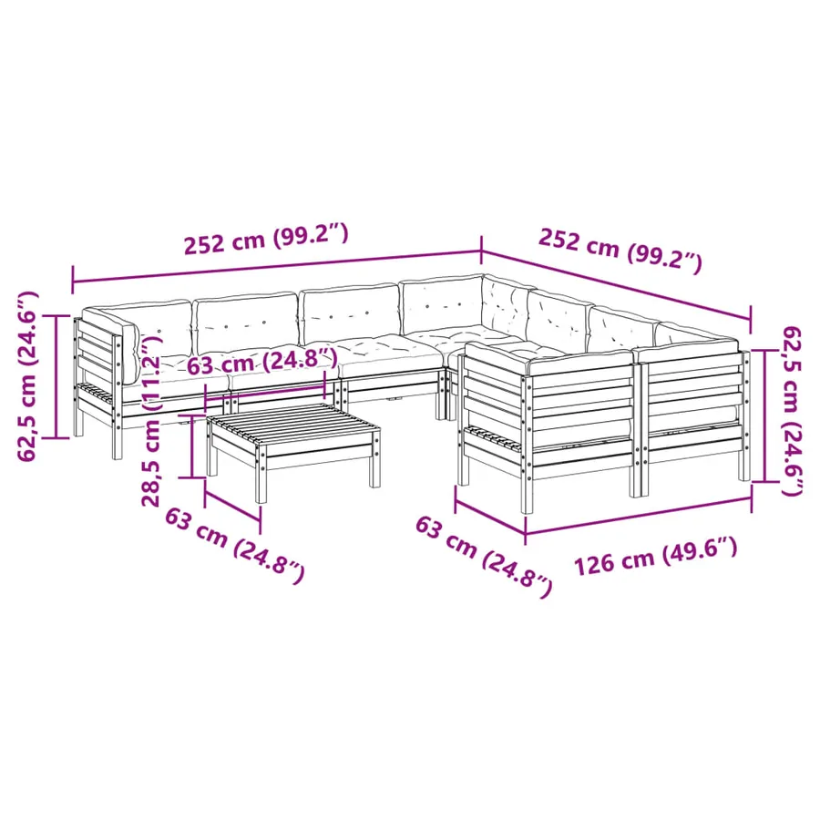 Salon de jardin 9 pcs avec coussins sapin de douglas solide - 12