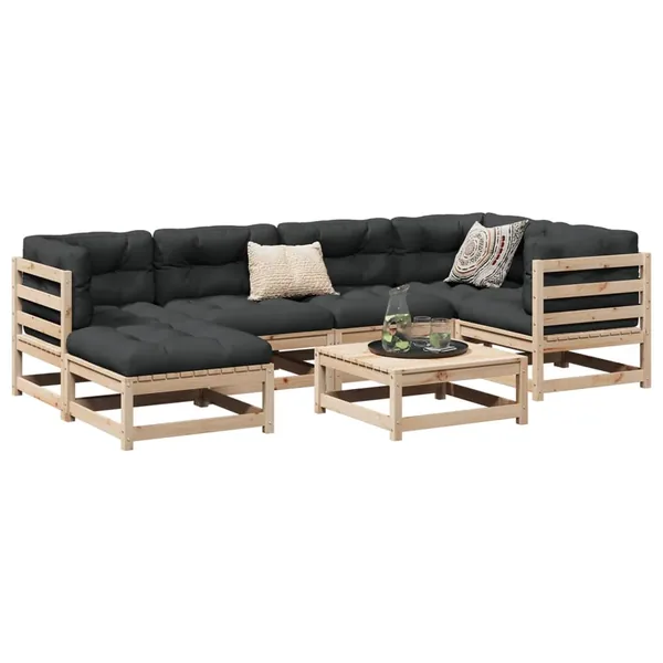Salon de jardin 7 pcs avec coussins bois de pin massif