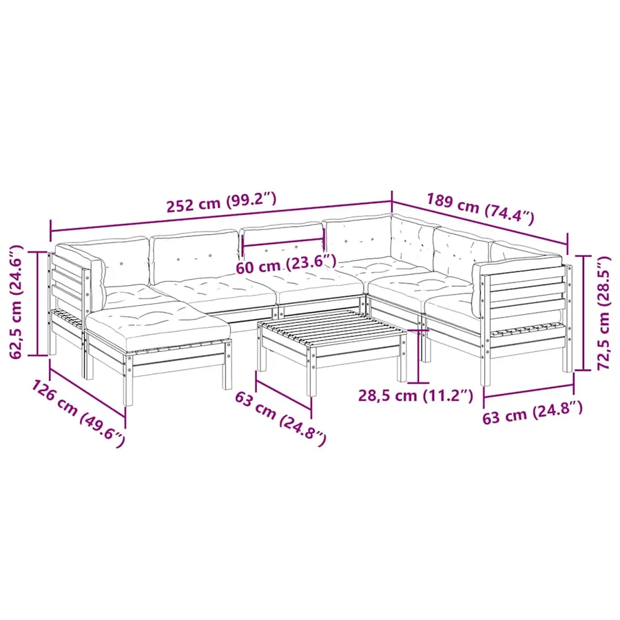 Salon de jardin 8 pcs avec coussins marron cire bois pin massif - 14