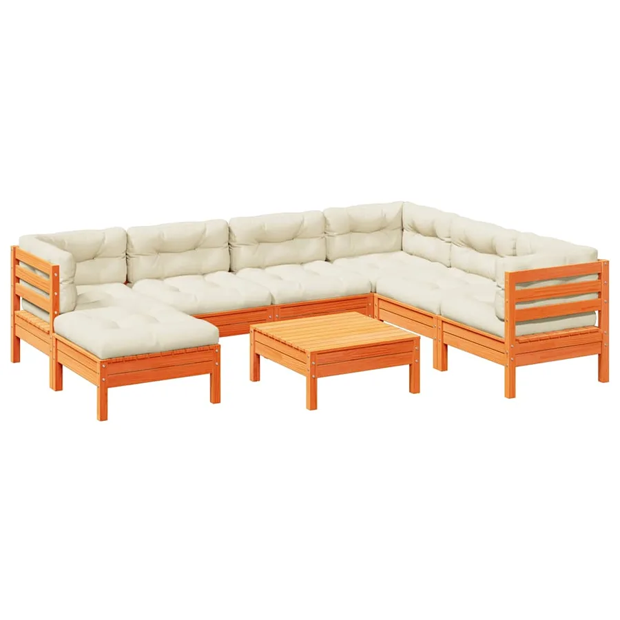 Salon de jardin 8 pcs avec coussins marron cire bois pin massif - 2
