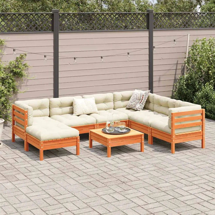 Salon de jardin 8 pcs avec coussins marron cire bois pin massif - 3