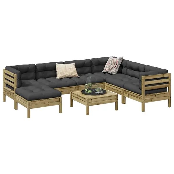 Salon de jardin 8 pcs avec coussins bois de pin imprégné