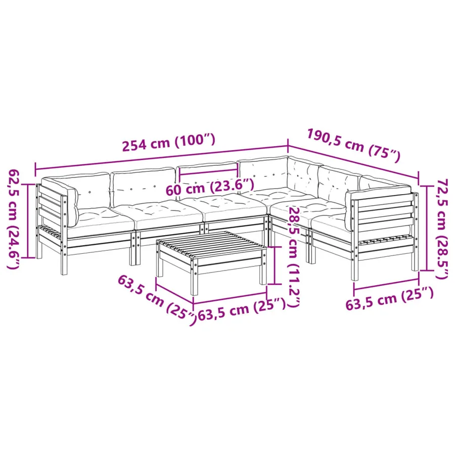 Salon de jardin 7 pcs avec coussins cire marron bois pin massif - 12