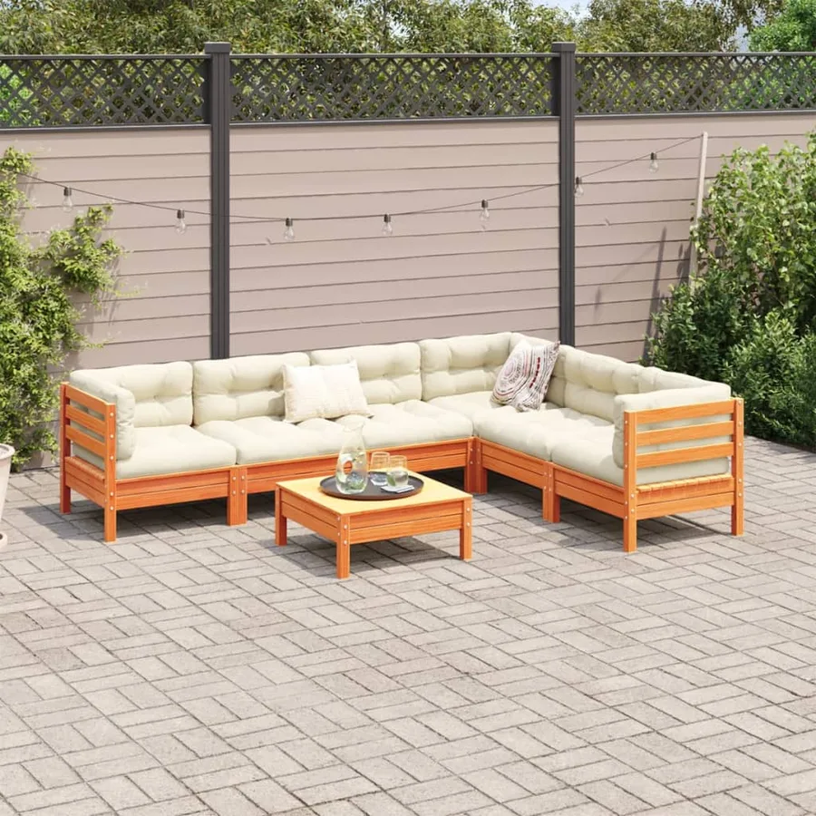 Salon de jardin 7 pcs avec coussins cire marron bois pin massif - 3