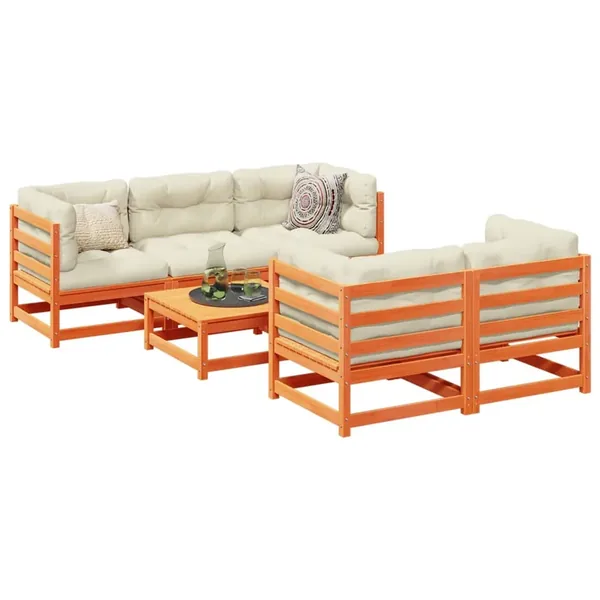Salon de jardin 6 pcs avec coussins cire marron bois pin massif