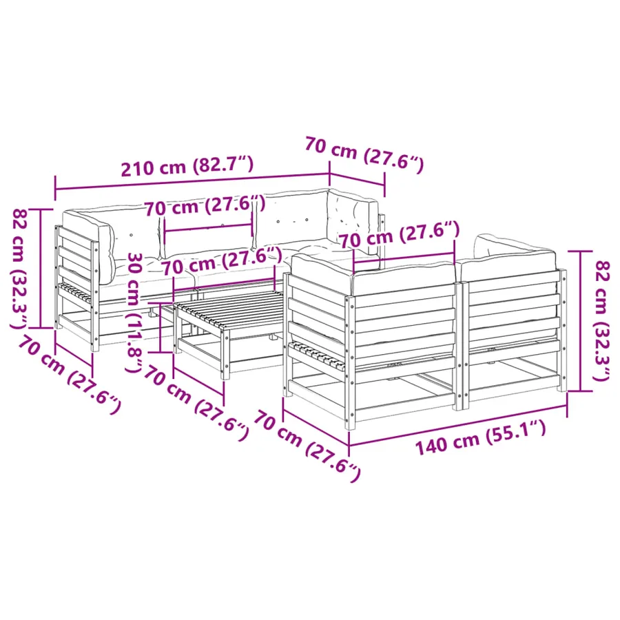 Salon de jardin 6 pcs avec coussins cire marron bois pin massif - 12