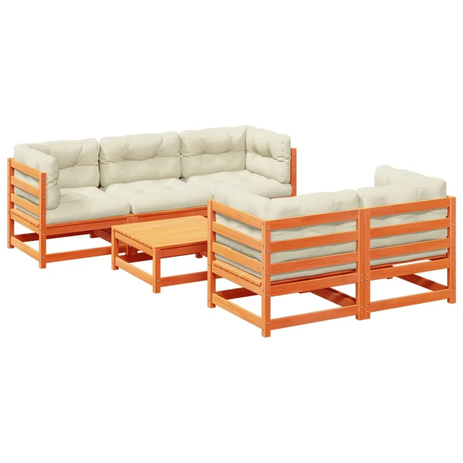 Salon de jardin 6 pcs avec coussins cire marron bois pin massif - 2