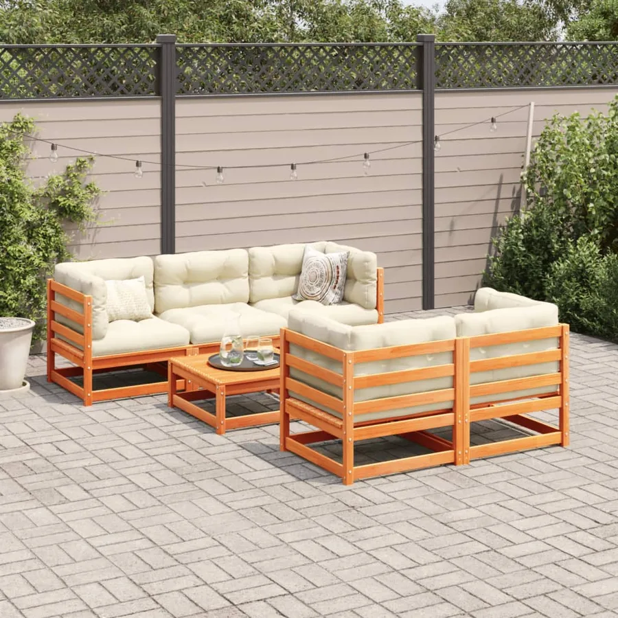 Salon de jardin 6 pcs avec coussins cire marron bois pin massif - 3