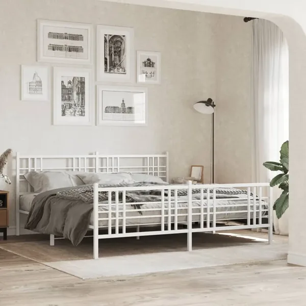 Cadre de lit métal sans matelas et pied de lit blanc 183x213 cm