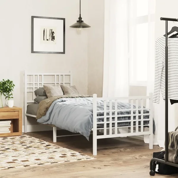 Cadre de lit métal sans matelas avec pied de lit blanc 80x200cm