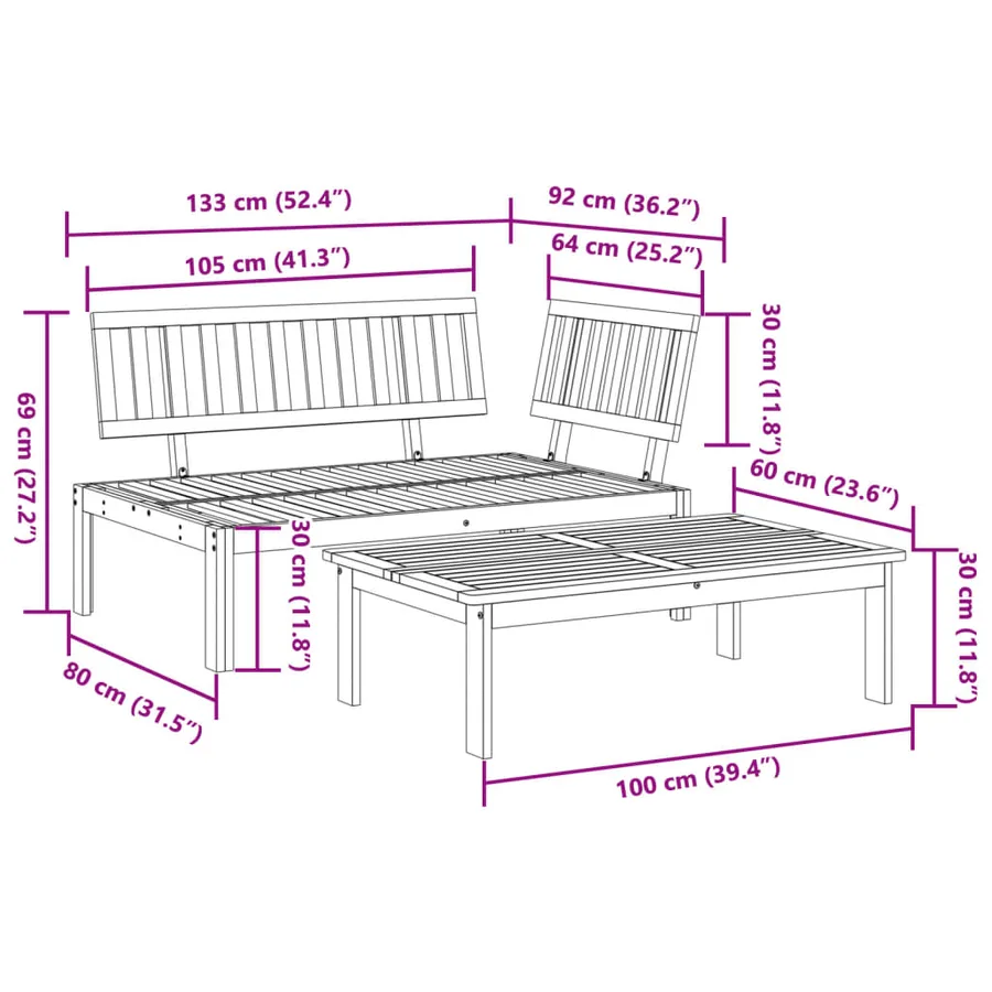 Salon de jardin palette 2 pcs bois massif d'acacia - 9