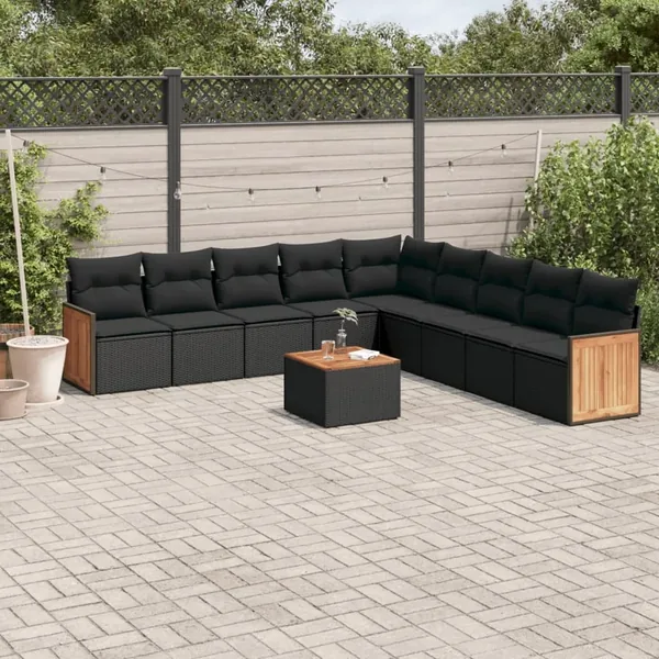 Salon de jardin 10 pcs avec coussins noir résine tressée