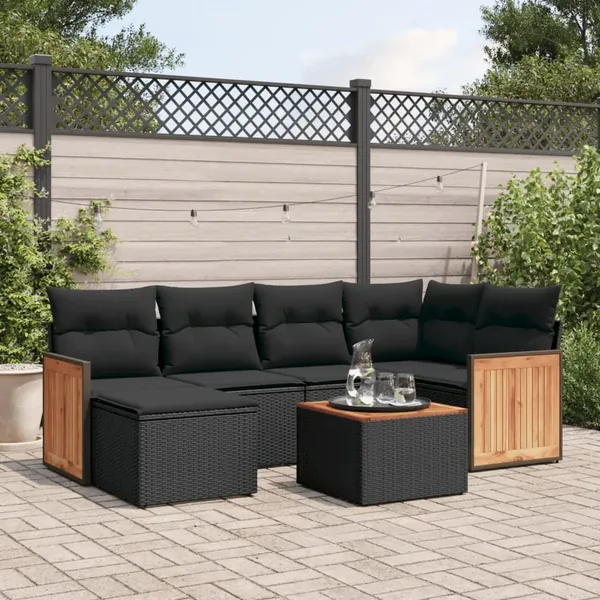 Salon de jardin 7 pcs avec coussins noir résine tressée 62 x 62 x 69 cm - 59,6 kg