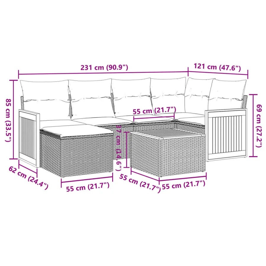 Salon de jardin 7 pcs avec coussins noir résine tressée 62 x 62 x 69 cm - 59,6 kg - 3
