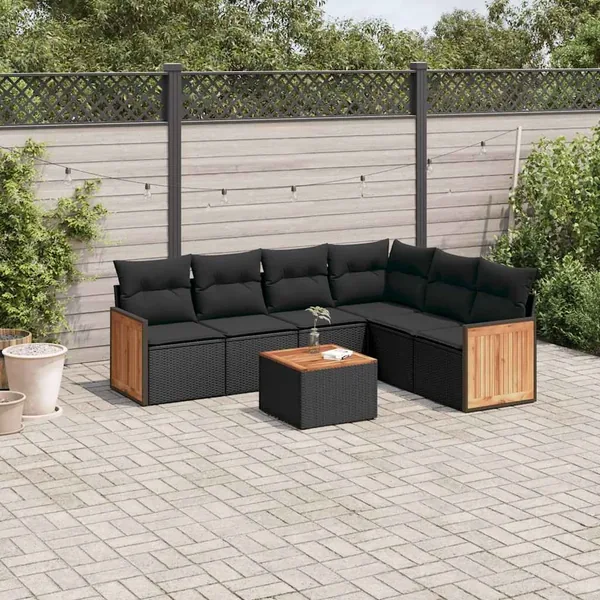 Salon de jardin 7 pcs avec coussins noir résine tressée 62 x 62 x 69 cm - 61,2 kg