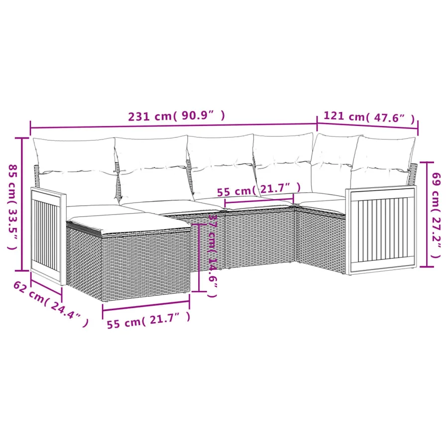 Salon de jardin 6 pcs avec coussins noir résine tressée - 3