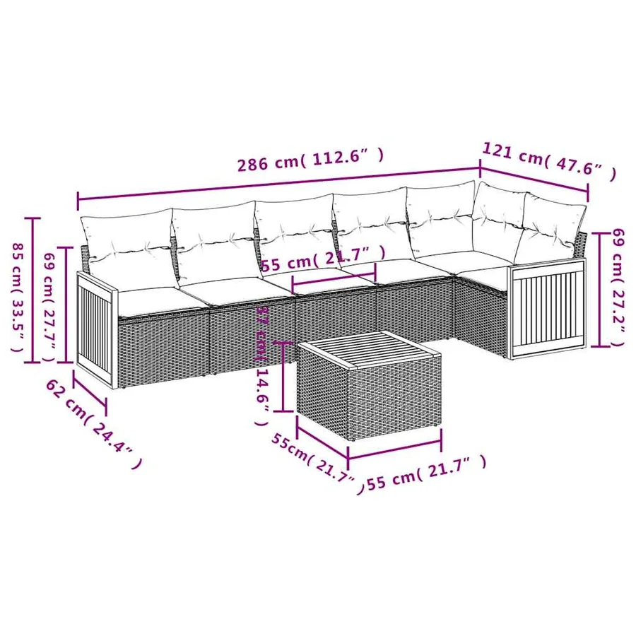 Salon de jardin 7 pcs avec coussins noir résine tressée 62 x 62 x 69 cm - 61,2 kg - 3