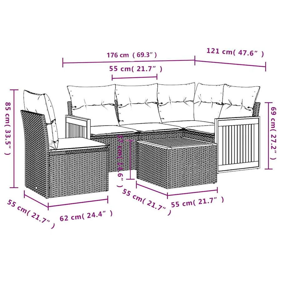 Salon de jardin 6 pcs avec coussins noir résine tressée - 3