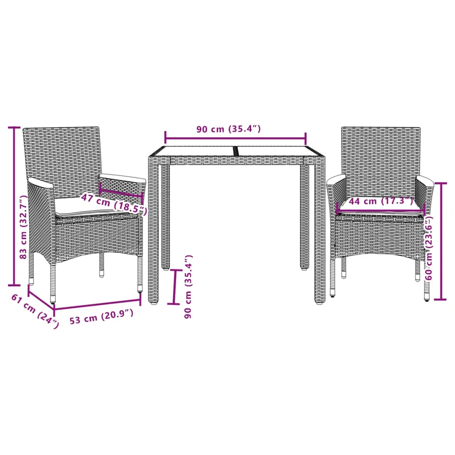 Ensemble à manger de jardin et coussins 3 pcs gris rotin verre - 7