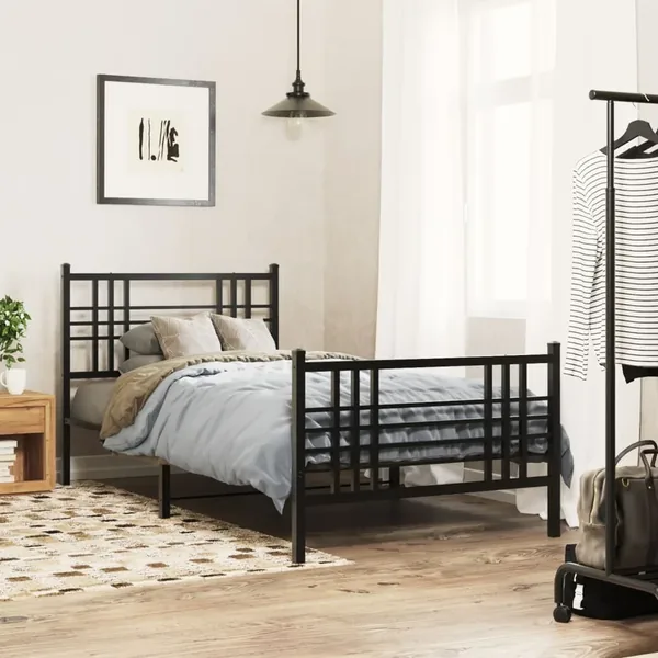 Cadre de lit métal sans matelas avec pied de lit noir 90x200 cm