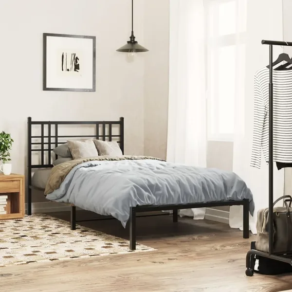 Cadre de lit métal sans matelas avec tête de lit noir 90x190 cm