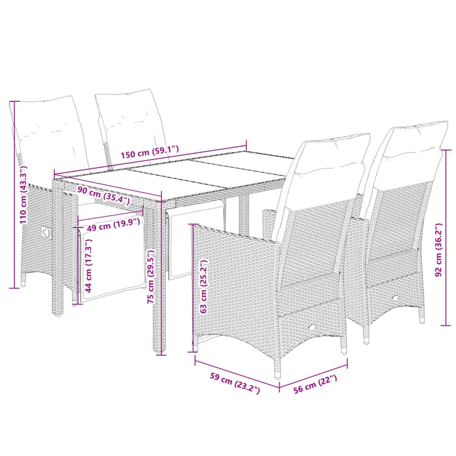 Ensemble à manger de jardin coussins 5pcs Noir Résine tressée - 7