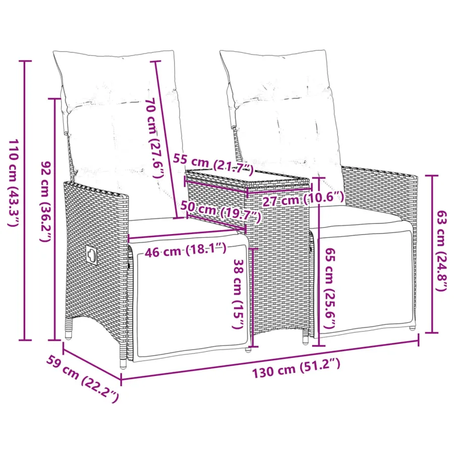 Canapé de jardin inclinable 2 places avec table gris poly rotin - 11