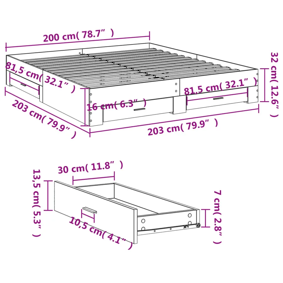 Cadre de lit avec tiroirs sans matelas chêne fumé 200x200 cm - 10