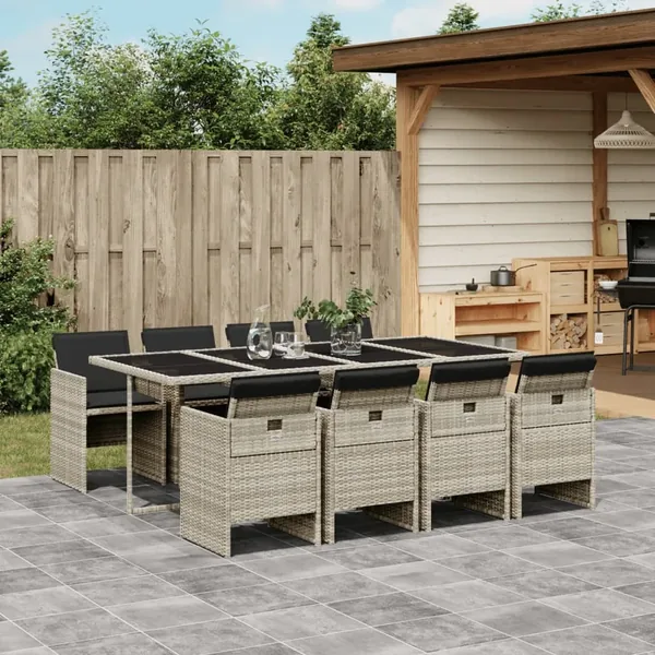 Ensemble à manger de jardin et coussins 9 pcs gris clair rotin