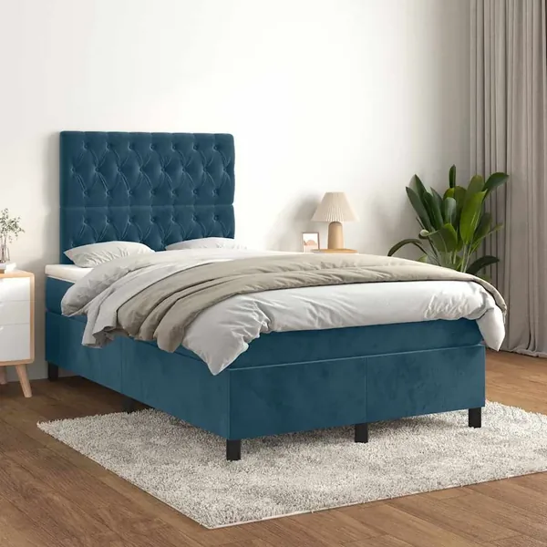 Sommier à lattes de lit et matelas bleu foncé 120x190cm velours