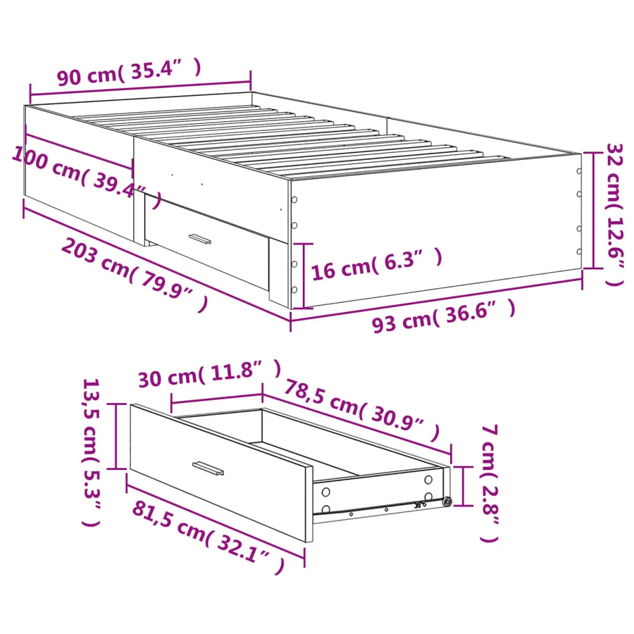 Cadre de lit avec tiroirs sans matelas chêne fumé 90x200 cm - 10