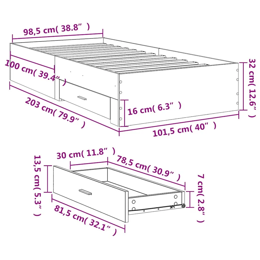 Cadre de lit avec tiroirs sans matelas sonoma gris 100x200 cm - 10