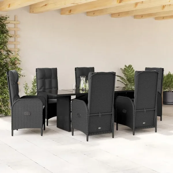 Ensemble à manger de jardin coussins 7pcs Noir Résine tressée