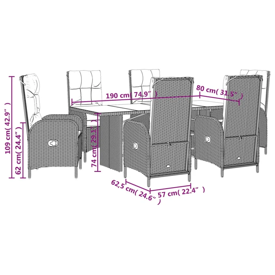 Ensemble à manger de jardin coussins 7pcs Noir Résine tressée - 7
