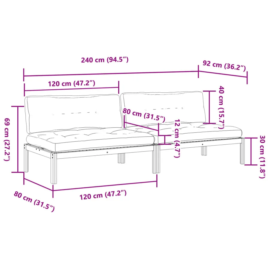 Canapés centraux palette de jardin 2pcs et coussins bois acacia - 8