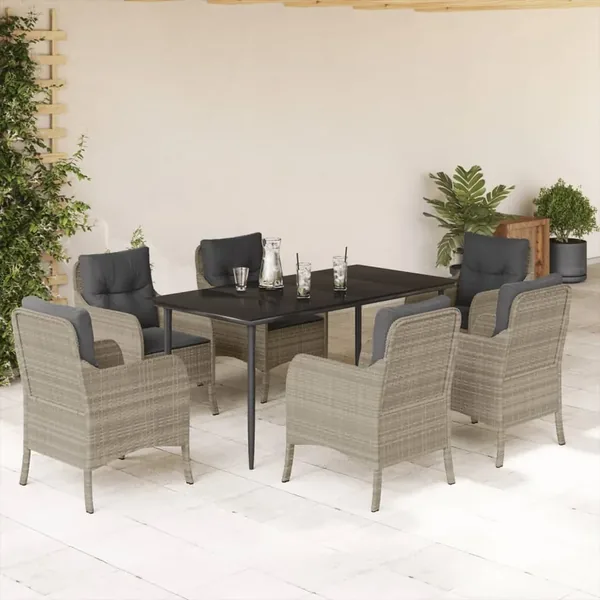 Ensemble à manger de jardin et coussins 7 pcs gris clair rotin