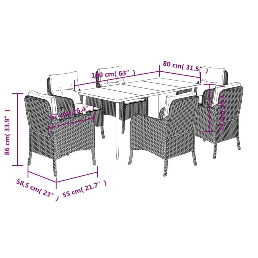 Ensemble à manger de jardin et coussins 7 pcs gris clair rotin - 7